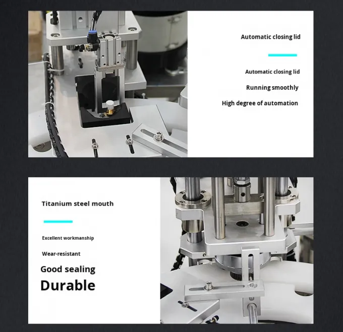 Hoge snelheid automatische productielijn voor het vastmaken van parfumnootjes en het drukken van plastic fleskappen 8